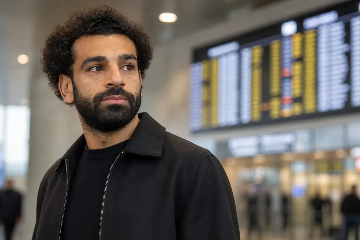 Mohamed Salah in neutrale kleding in een rustige luchthavenomgeving.