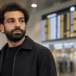Mohamed Salah in neutrale kleding in een rustige luchthavenomgeving.