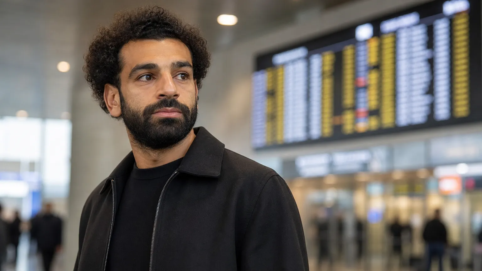 Mohamed Salah in neutrale kleding in een rustige luchthavenomgeving.