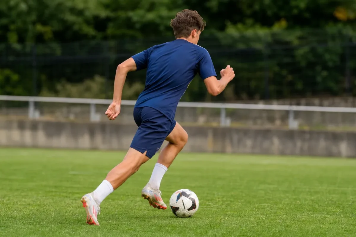 Een niet-identificeerbare jonge voetballer dribbelt met de bal op een grasveld.