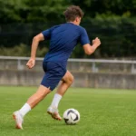 Een niet-identificeerbare jonge voetballer dribbelt met de bal op een grasveld.