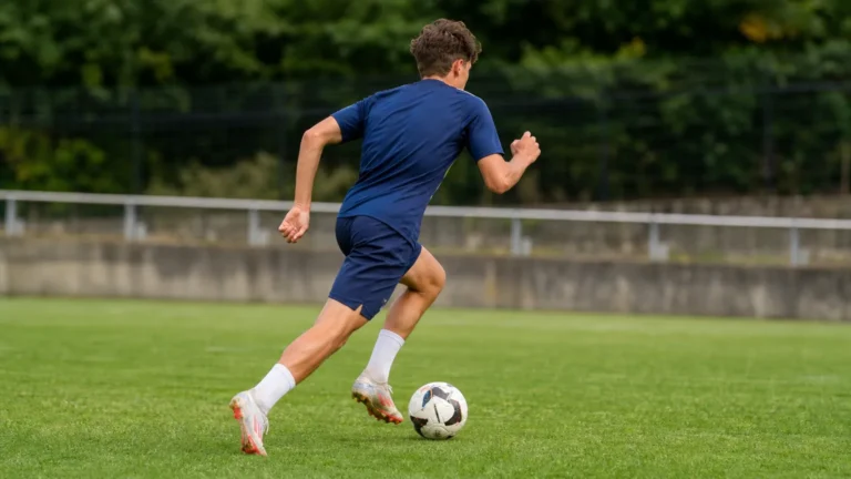 Een niet-identificeerbare jonge voetballer dribbelt met de bal op een grasveld.