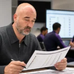 Antoine Sibierski bekijkt een spelersoverzicht in een vergaderruimte van RSC Anderlecht.