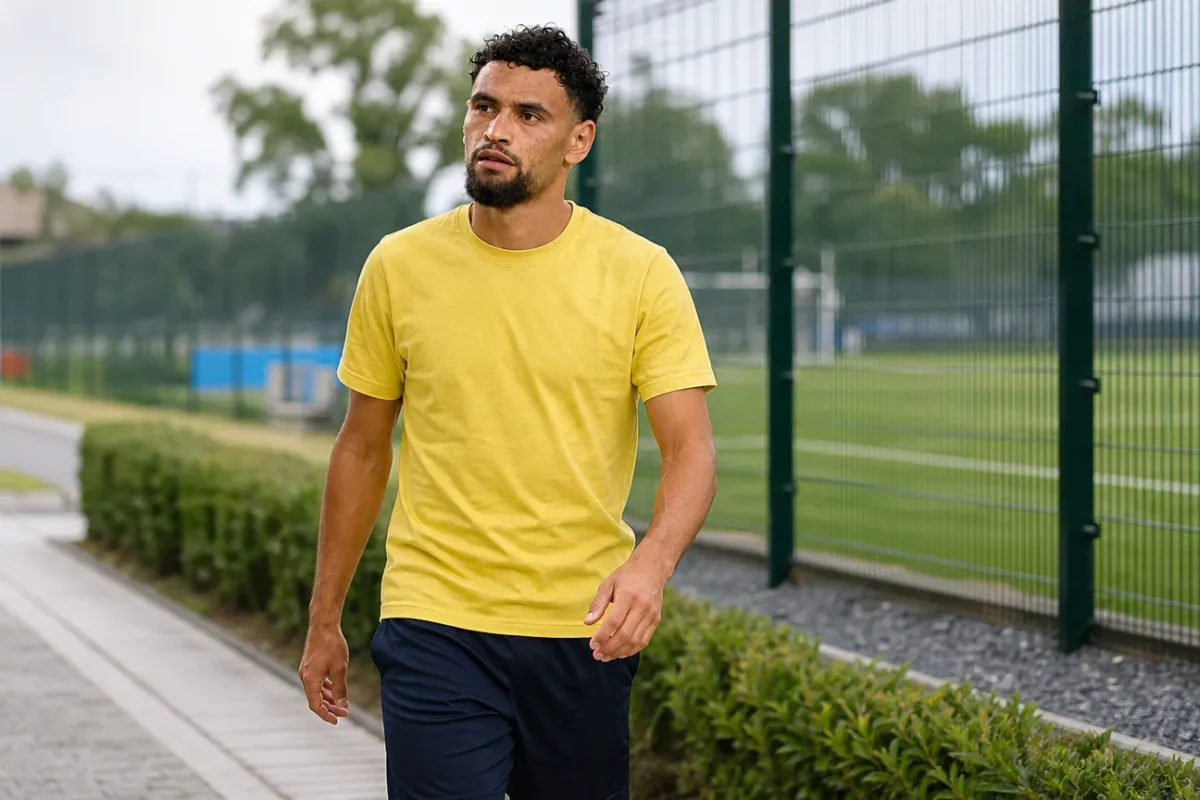 Adem Zorgane wandelt in neutrale sportkleding langs een voetbalcomplex.