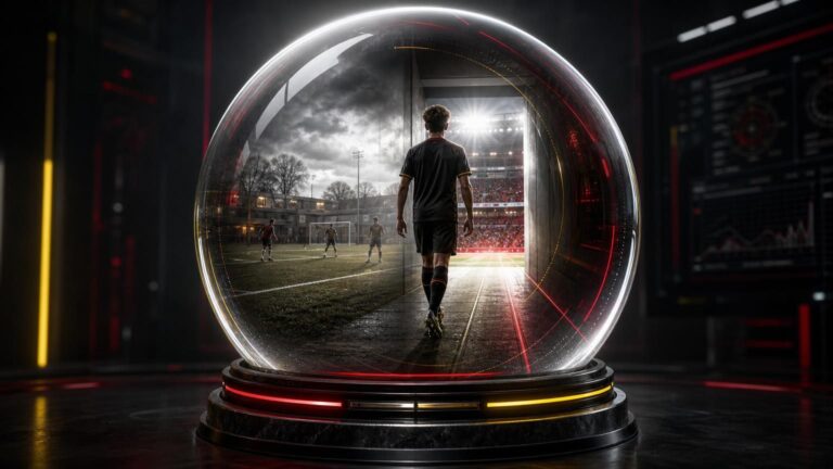 Grote glazen bol met een jonge voetballer op de symbolische route van de Belgische U23 naar het eerste elftal