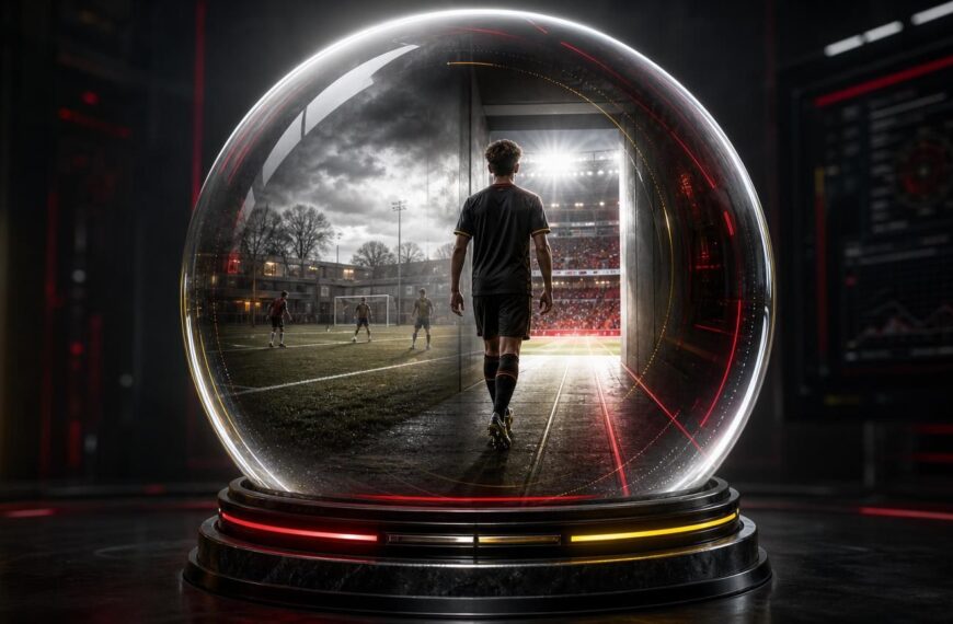 Grote glazen bol met een jonge voetballer op de symbolische route van de Belgische U23 naar het eerste elftal