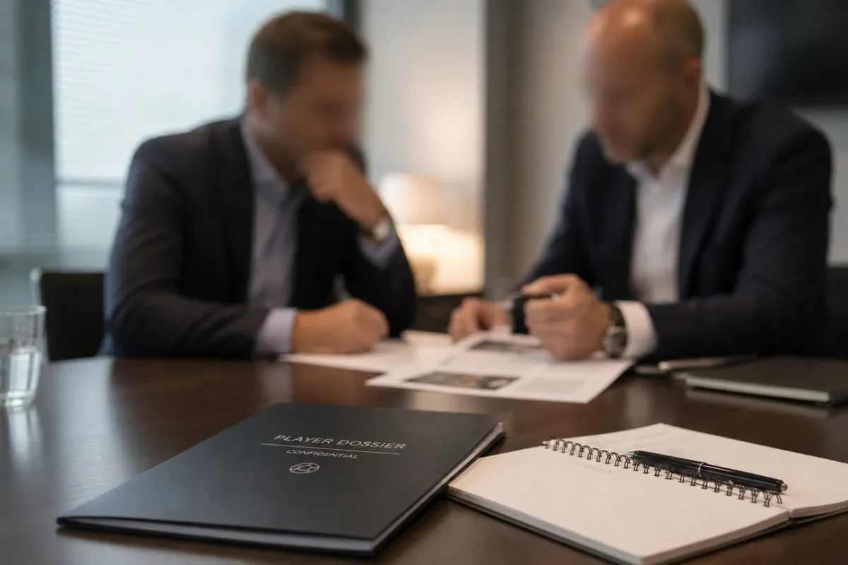 Niet-identificeerbare onderhandelaars bekijken documenten in een neutrale vergaderruimte.