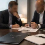 Niet-identificeerbare onderhandelaars bekijken documenten in een neutrale vergaderruimte.