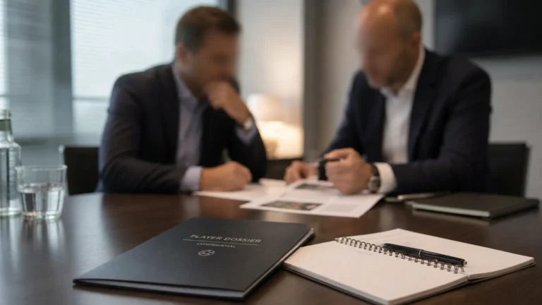 Niet-identificeerbare onderhandelaars bekijken documenten in een neutrale vergaderruimte.