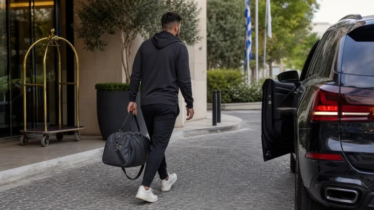Een niet-identificeerbare voetballer verlaat met bagage een hotel in Griekenland.