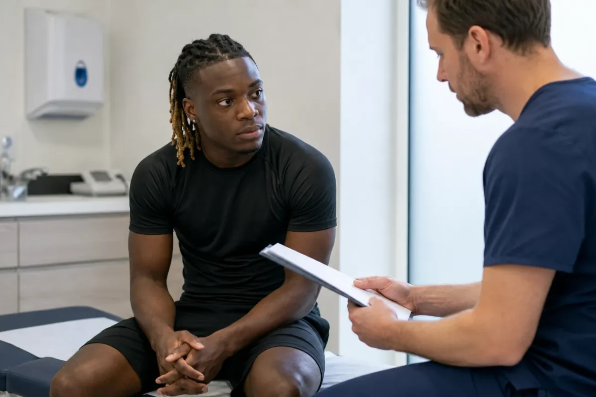 Jérémy Doku zit in neutrale sportkleding tijdens een medische controle.