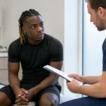 Jérémy Doku zit in neutrale sportkleding tijdens een medische controle.