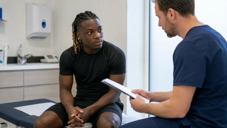 Jérémy Doku zit in neutrale sportkleding tijdens een medische controle.