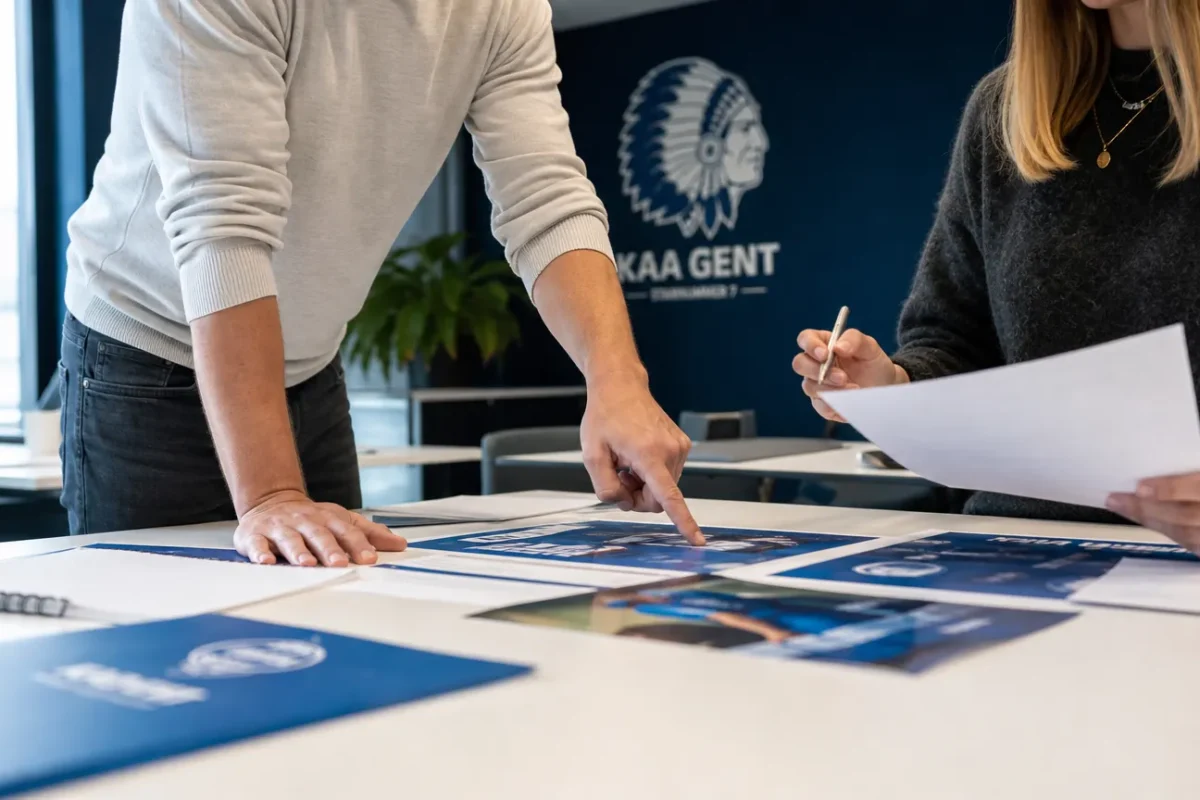Niet-herkenbare communicatiemedewerkers van KAA Gent bereiden een officiële aankondiging voor in een kantoor.