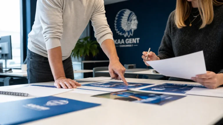 Niet-herkenbare communicatiemedewerkers van KAA Gent bereiden een officiële aankondiging voor in een kantoor.