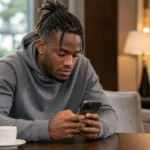 Michy Batshuayi in neutrale kleding in een rustige hotellounge met zijn smartphone.