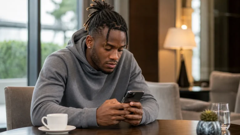 Michy Batshuayi in neutrale kleding in een rustige hotellounge met zijn smartphone.