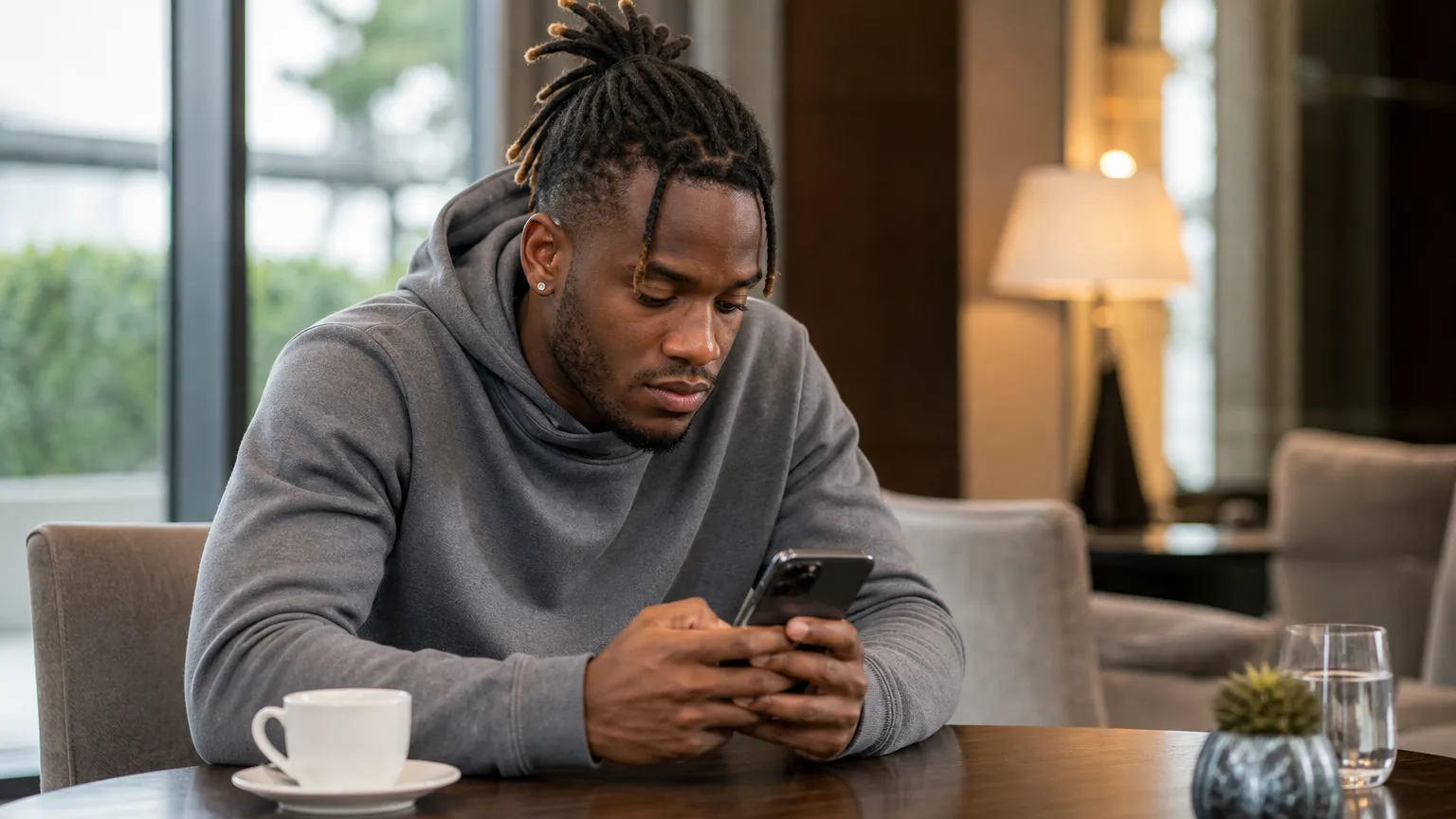 Michy Batshuayi in neutrale kleding in een rustige hotellounge met zijn smartphone.