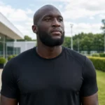 Romelu Lukaku in neutrale sportkleding bij een rustige buitenruimte van een trainingskamp.
