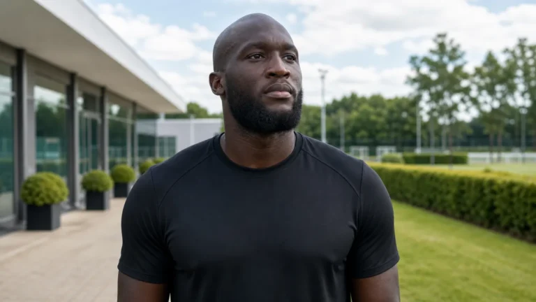 Romelu Lukaku in neutrale sportkleding bij een rustige buitenruimte van een trainingskamp.