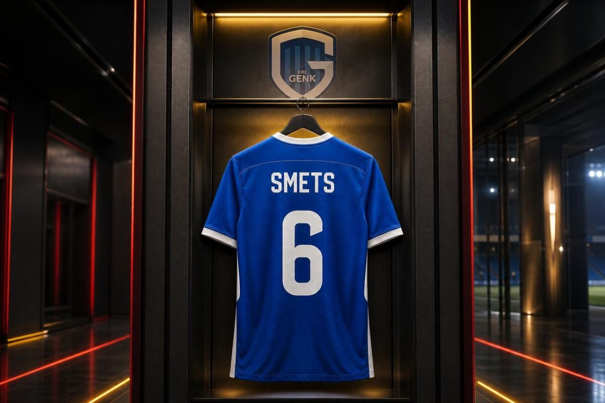 Centraal blauw-wit shirt van KRC Genk met SMETS en rugnummer 6 in een futuristische kleedkamer