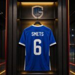 Centraal blauw-wit shirt van KRC Genk met SMETS en rugnummer 6 in een futuristische kleedkamer