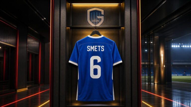 Centraal blauw-wit shirt van KRC Genk met SMETS en rugnummer 6 in een futuristische kleedkamer