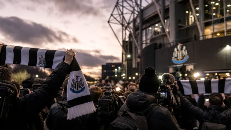 Transfercontext rond Newcastle United met pers en supporterssfeer zonder herkenbare gezichten