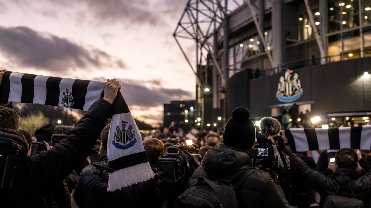 Transfercontext rond Newcastle United met pers en supporterssfeer zonder herkenbare gezichten