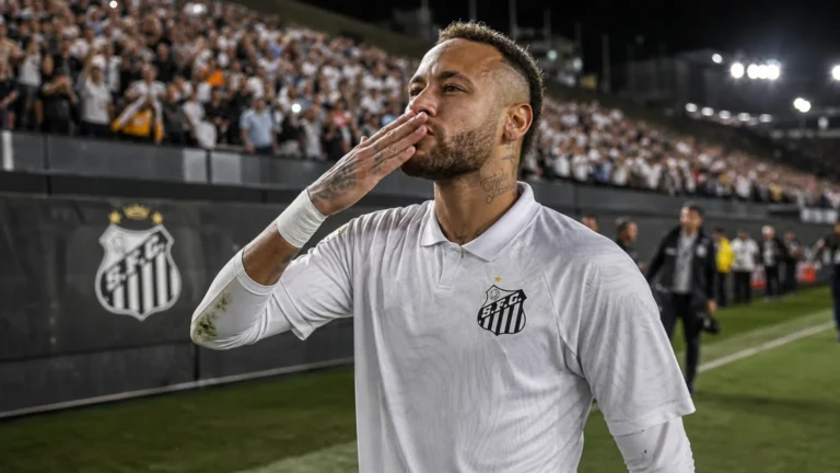 Neymar in het witte Santos-tenue maakt na een bekerwedstrijd een sarcastisch handgebaar richting de tribunes.