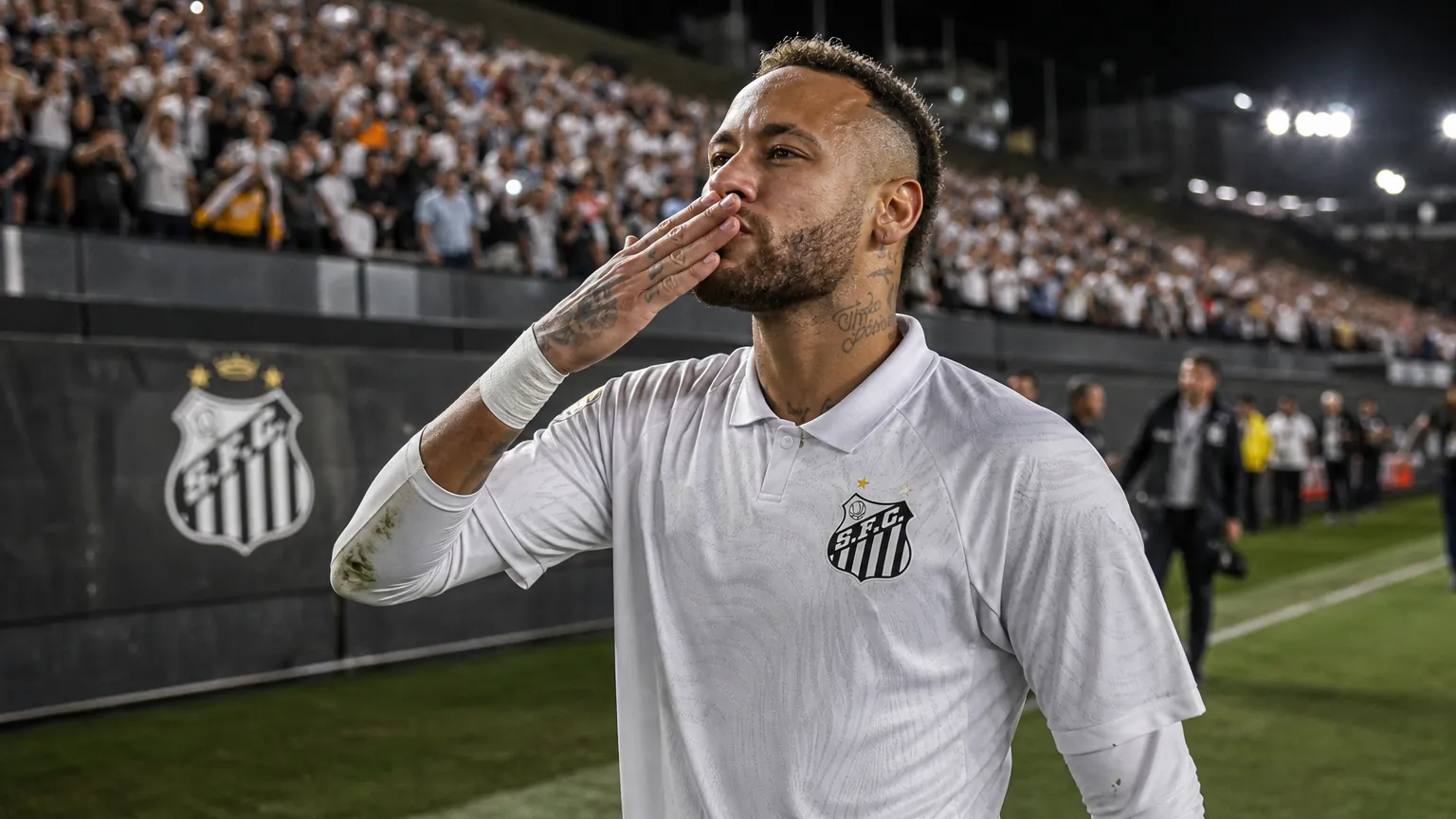 Neymar in het witte Santos-tenue maakt na een bekerwedstrijd een sarcastisch handgebaar richting de tribunes.