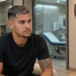 Bruno Guimarães wacht in neutrale sportkleding in de ontvangsthal van een medisch centrum.