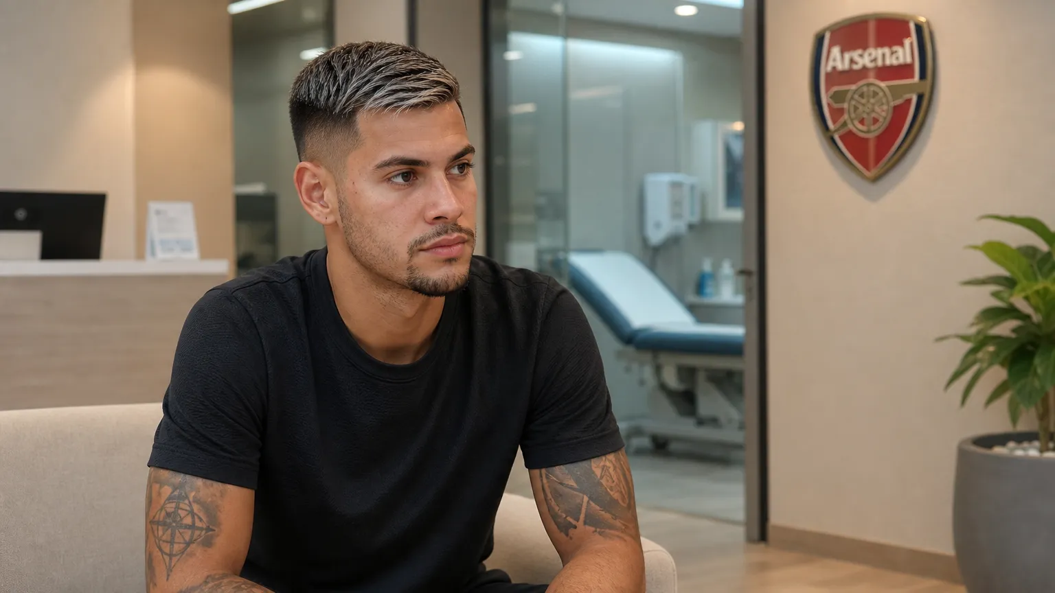 Bruno Guimarães wacht in neutrale sportkleding in de ontvangsthal van een medisch centrum.