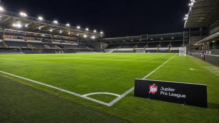 Een verlicht voetbalveld met een Jupiler Pro League-bord langs de zijlijn.