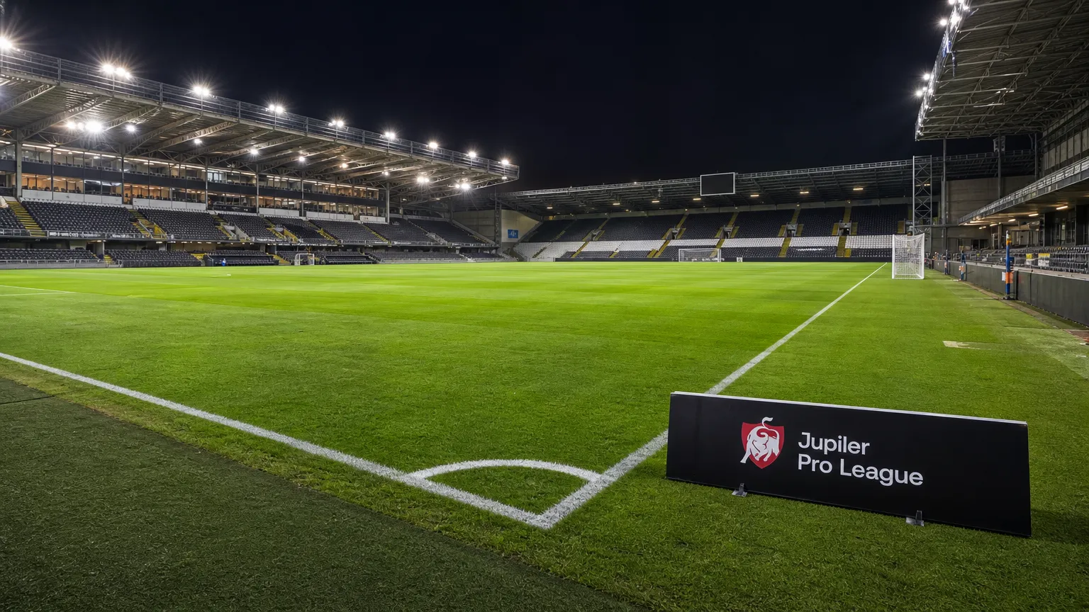 Een verlicht voetbalveld met een Jupiler Pro League-bord langs de zijlijn.