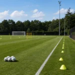 Leeg oefenveld van KVC Westerlo met trainingsmateriaal en een discreet clubbord.