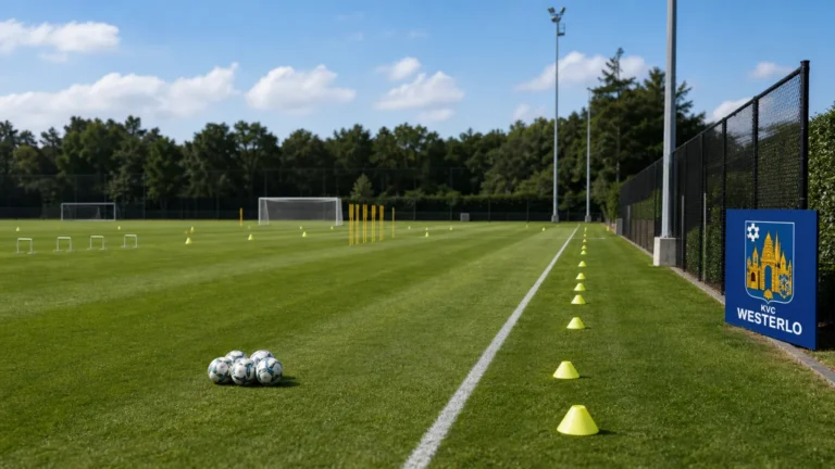 Leeg oefenveld van KVC Westerlo met trainingsmateriaal en een discreet clubbord.