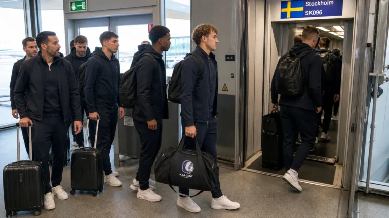 Spelers en staf van KAA Gent stappen met reistassen aan boord van een vliegtuig.