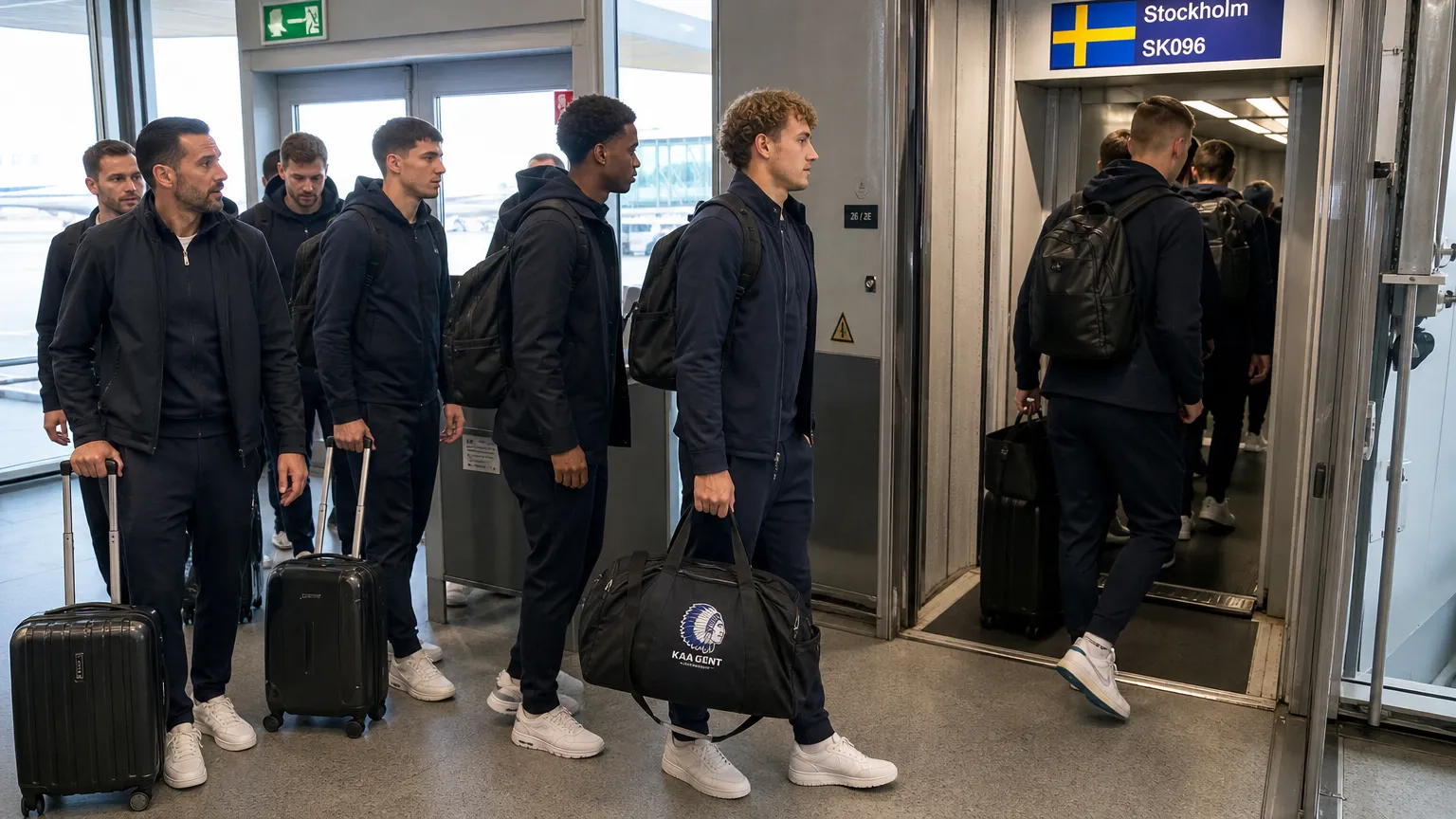Spelers en staf van KAA Gent stappen met reistassen aan boord van een vliegtuig.