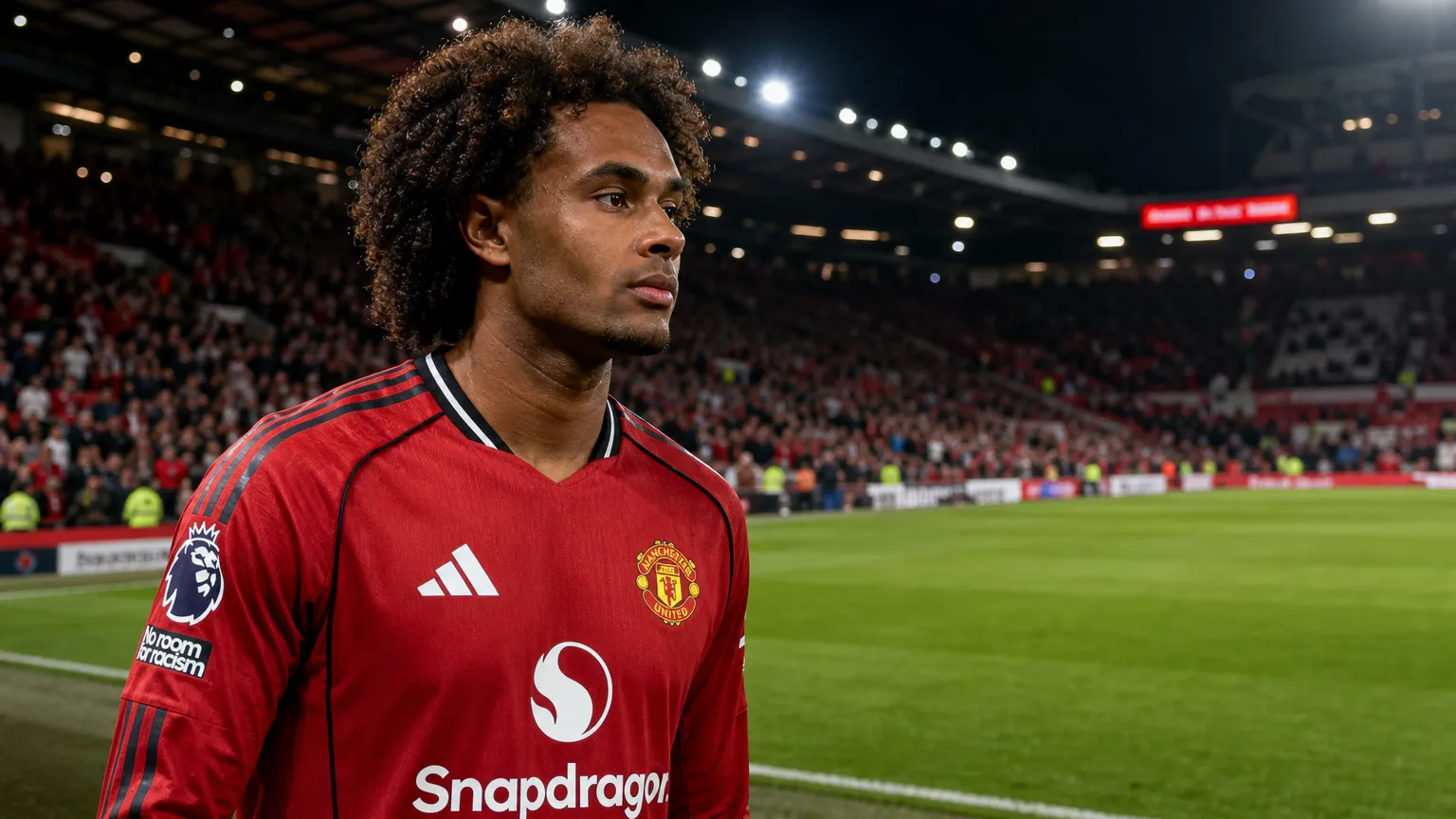 Joshua Zirkzee in het tenue van Manchester United aan de rand van het veld.