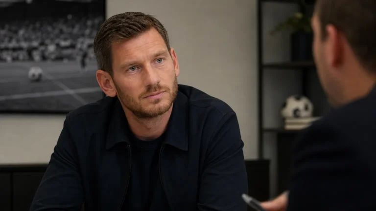 Jan Vertonghen tijdens een rustig interview in een neutrale voetbalomgeving.
