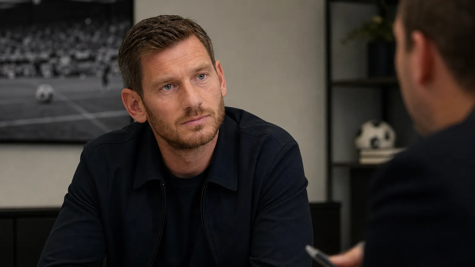 Jan Vertonghen tijdens een rustig interview in een neutrale voetbalomgeving.