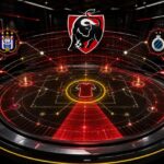 Transferradartafel rond de complete spits met het Jupiler Pro League-logo en vier Belgische clubemblemen