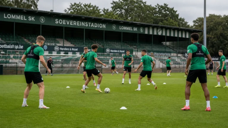 Niet-herkenbare Lommel SK-spelers trainen samen op het veld van het Soevereinstadion.