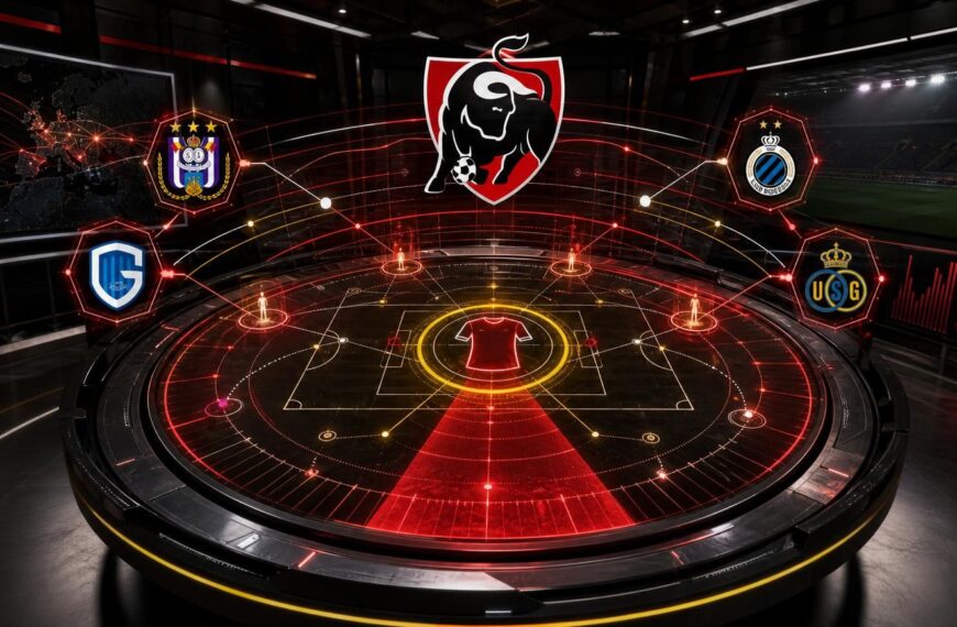 Transferradartafel rond de complete spits met het Jupiler Pro League-logo en vier Belgische clubemblemen