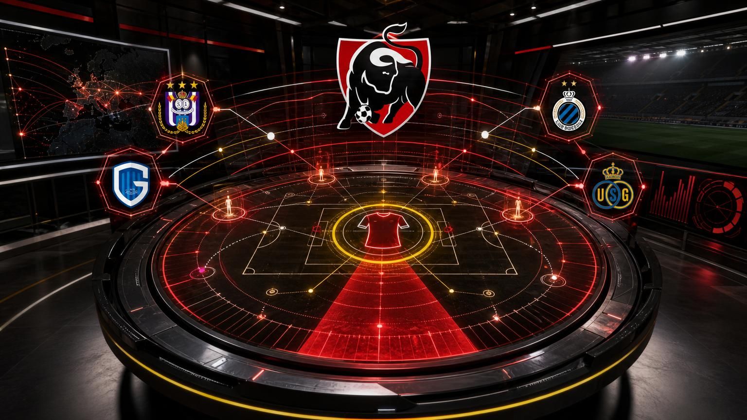 Transferradartafel rond de complete spits met het Jupiler Pro League-logo en vier Belgische clubemblemen