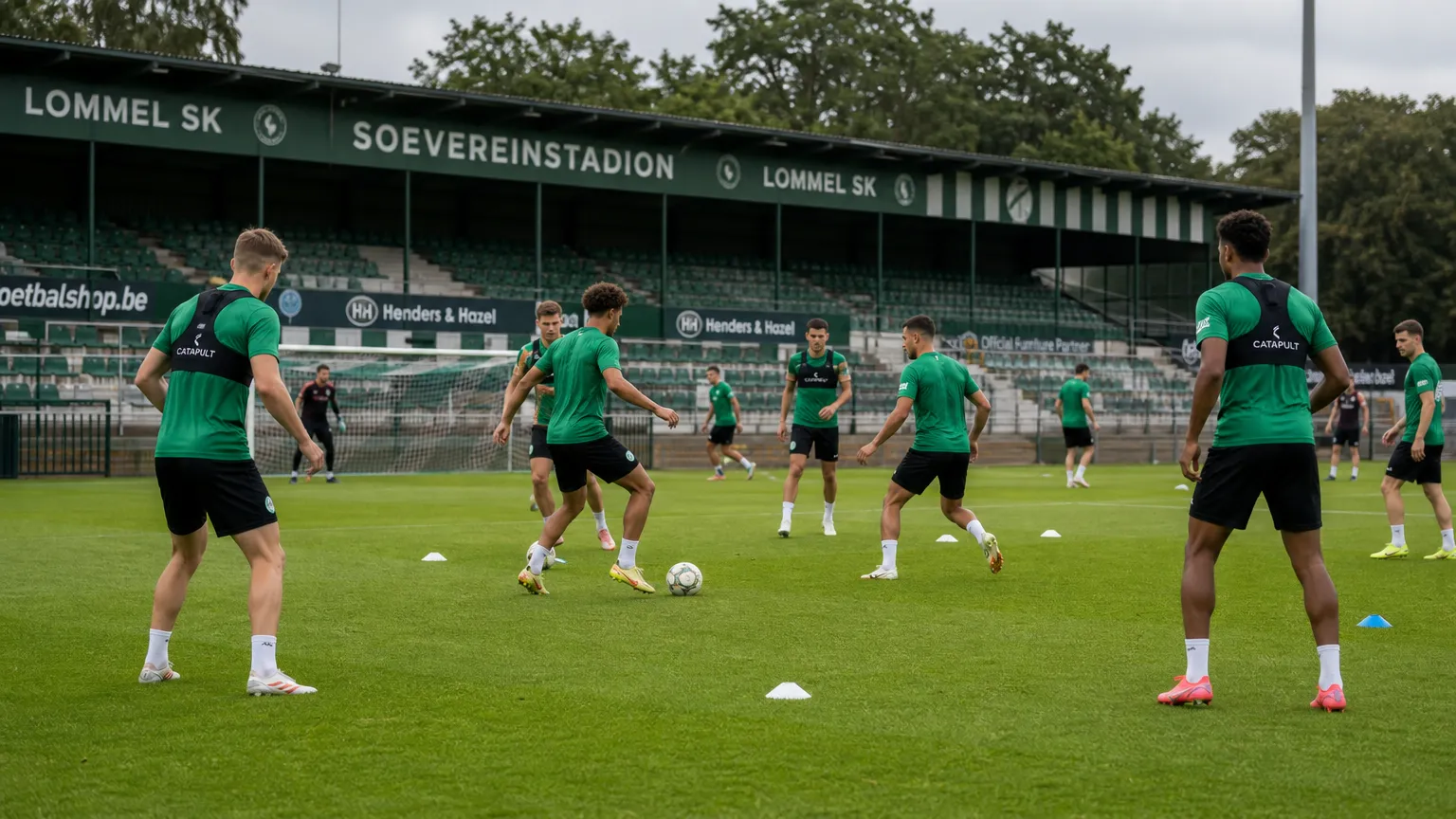 Niet-herkenbare Lommel SK-spelers trainen samen op het veld van het Soevereinstadion.