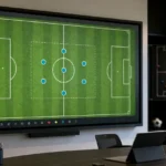 Een neutrale voetbalanalysesruimte met een tactisch scherm over het middenveld.