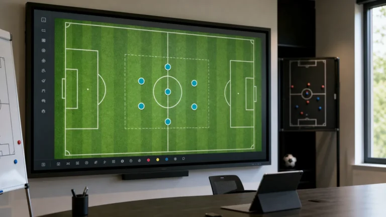Een neutrale voetbalanalysesruimte met een tactisch scherm over het middenveld.