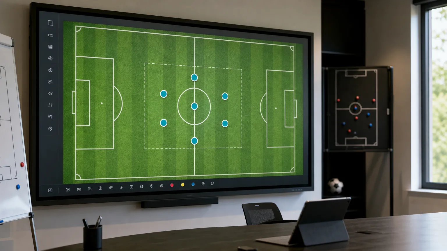 Een neutrale voetbalanalysesruimte met een tactisch scherm over het middenveld.